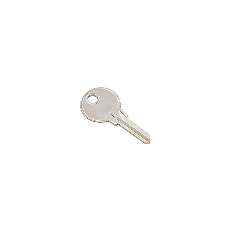A silver-colored metal blank key with a round head and a standard blade profile.
