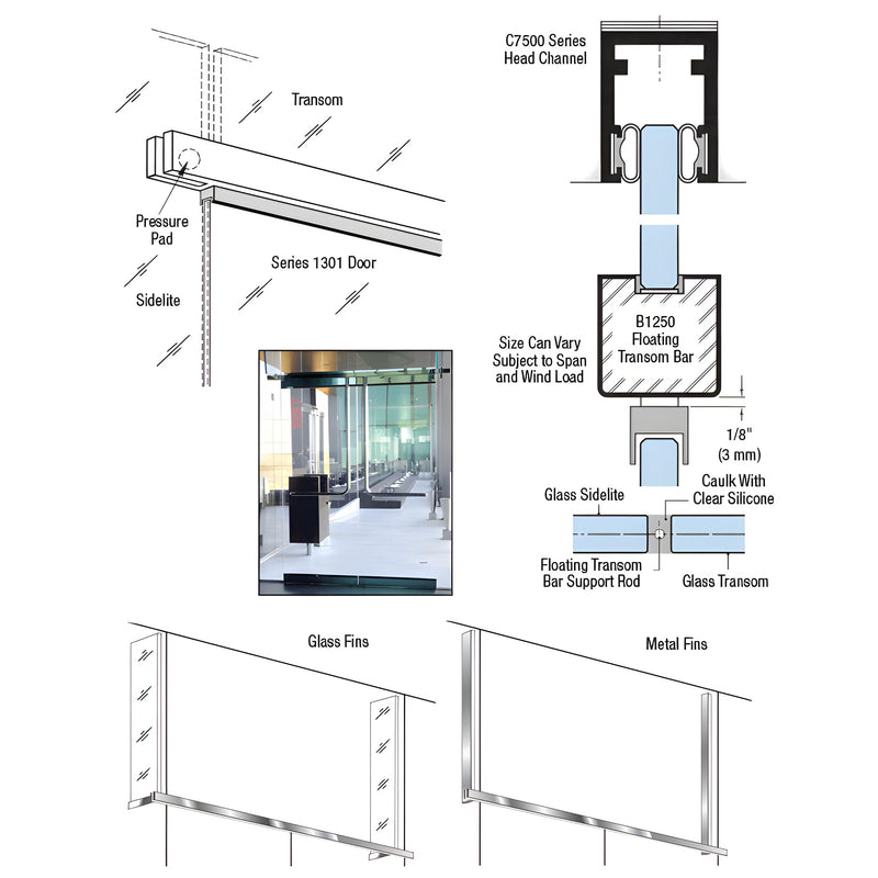 Technical diagrams and a photo showing the CRL-Blumcraft B1250 floating transom system installed with glass sidelites and doors.