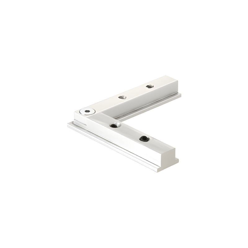 A mill finish aluminum 90-degree corner connector with pre-drilled screw holes.