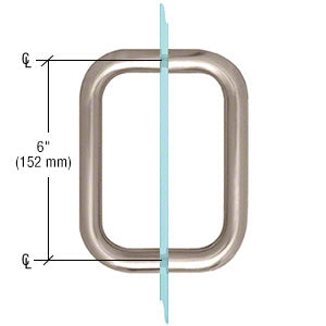 A technical diagram shows the 6-inch center-to-center mounting distance for the brushed nickel back-to-back glass door handle.