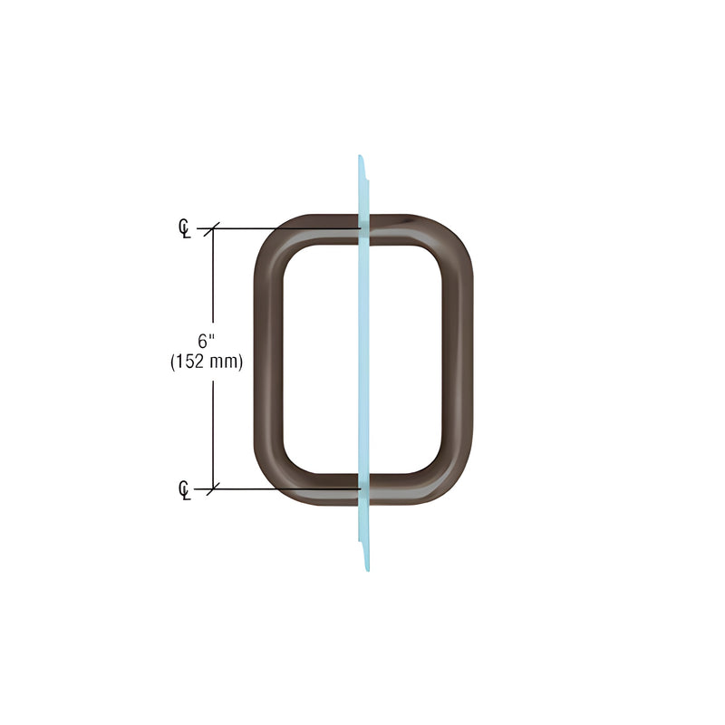 A side-view technical diagram showing the 6-inch center-to-center mounting of the oil rubbed bronze BM series back-to-back glass door handle.