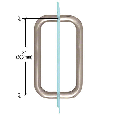 A technical diagram showing a brushed nickel back-to-back handle mounted on a glass panel with 8-inch center-to-center spacing.