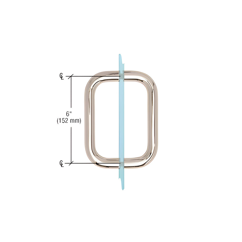 A technical diagram shows the 6-inch center-to-center mounting of a polished nickel back-to-back tubular glass door handle.
