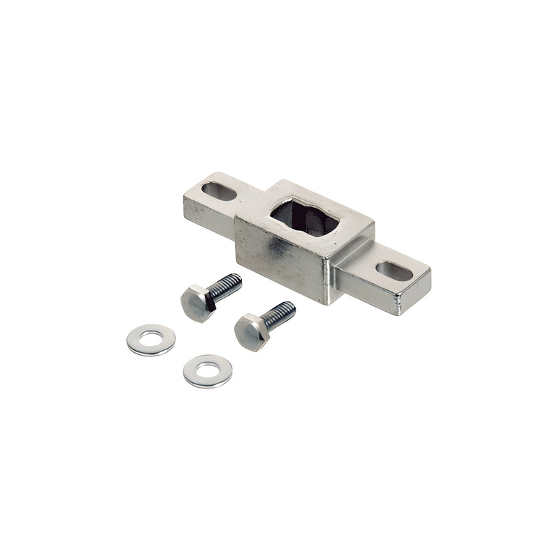 A metal CRL bottom low profile pivot insert shown with two mounting bolts and two washers.