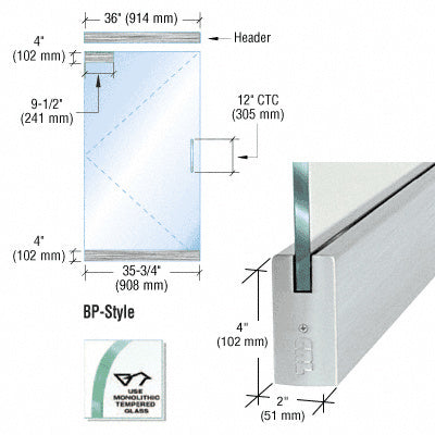 Technical diagram and detail view of a CRL BP-style dry glazed aluminum door rail system for 1/2 inch glass.