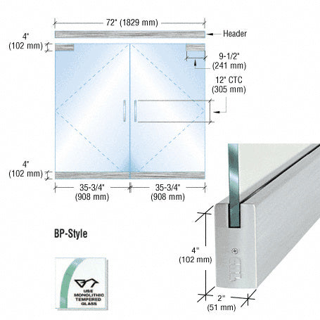 Technical diagram showing a 6-foot BP-style double door entrance kit with brushed stainless steel hardware for 1/2-inch glass.