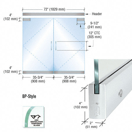 A technical diagram showing the dimensions and components of a BP-style frameless double glass door kit with satin anodized aluminum hardware.