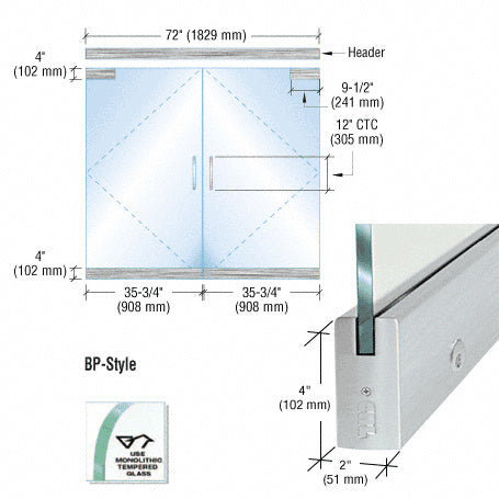 Technical diagram showing a 6-foot BP-style double door entrance kit with brushed stainless steel hardware for 1/2-inch glass.