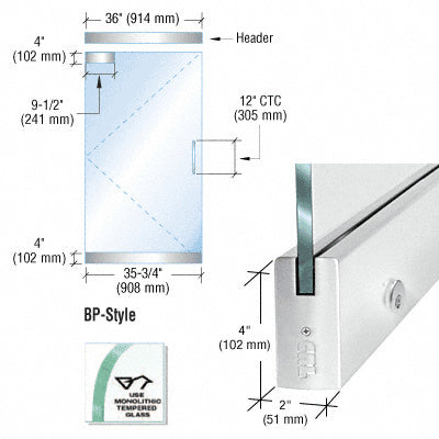 Technical diagram and detail view of a CRL BP-style frameless glass door kit with polished stainless steel hardware for 1/2 inch glass.