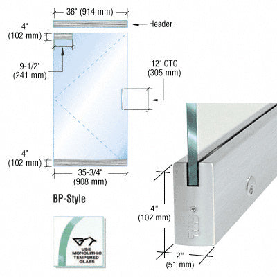 Technical diagram and detail view of a CRL BP-style dry glazed aluminum door rail system for 1/2 inch glass.