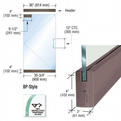 Technical diagram and detail view of a black bronze anodized BP-style frameless glass door kit for 1/2 inch thick glass.