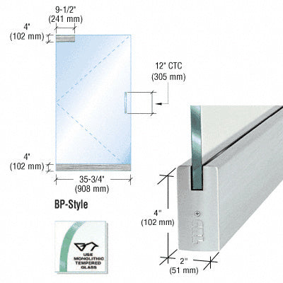 Technical diagram showing a BP-style single glass door kit with brushed stainless steel hardware and 1/2 inch glazing specifications.