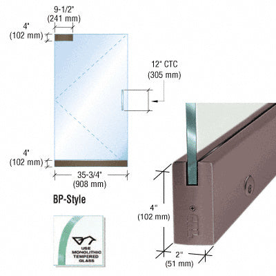 A technical diagram showing a BP-style single glass door with a black bronze anodized frame and lock detail.