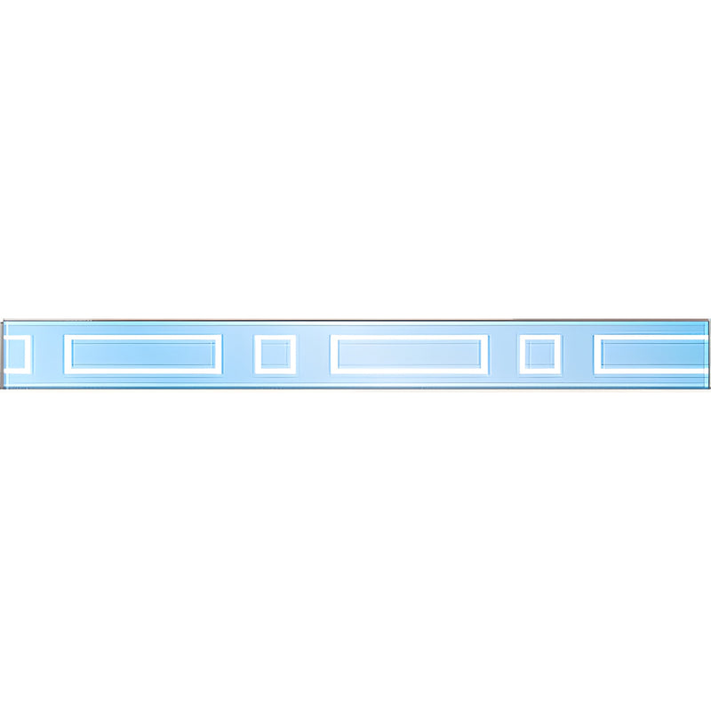 A horizontal adhesive safety decal featuring a repeating white geometric pattern on a light blue background.