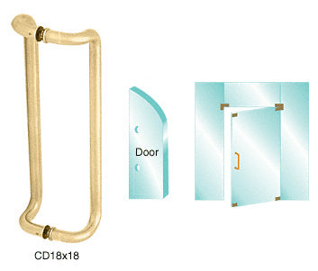 A polished brass 18-inch offset pull handle shown with mounting diagrams for glass door installation.