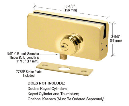 A polished brass CRL AMR215 Series patch lock with an included 777SP strike plate and dimensional specifications shown.