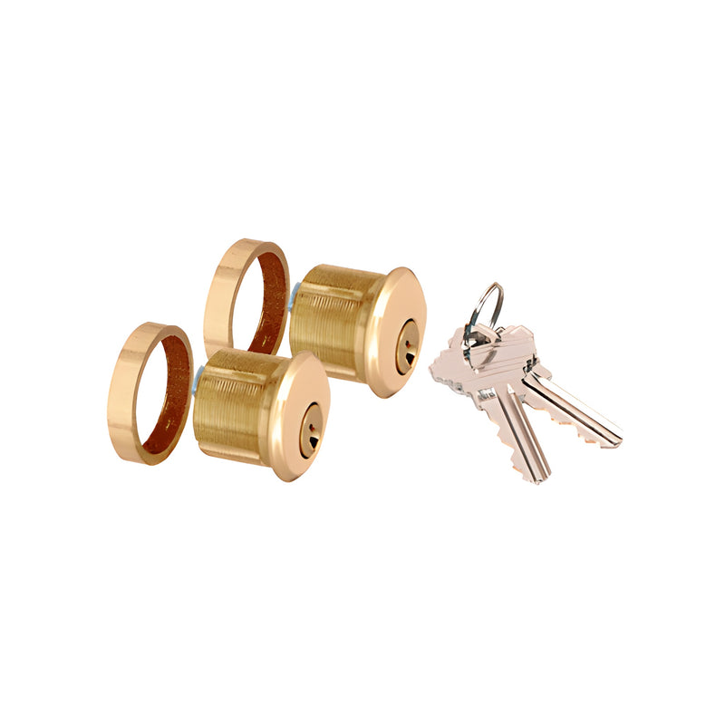 Two polished brass double keyed cylinders with mounting rings and a set of keys.