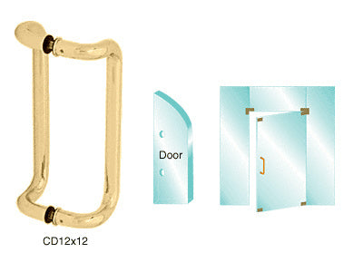 A polished brass offset pull handle shown with glass mounting diagrams for 3/8 inch to 3/4 inch thick glass doors.