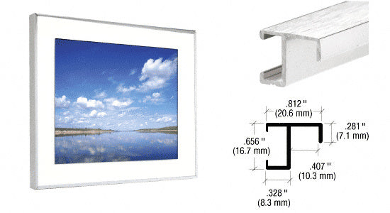 A composite image showing a finished picture frame, a close-up of the aluminum molding profile, and a technical line drawing with dimensions.