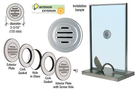 An exploded view diagram of the brite anodized aluminum speak-thru showing the exterior plate, gaskets, and interior plate installed in glass.