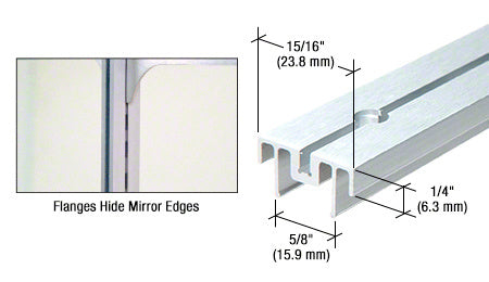 A technical diagram shows the profile of a 72-inch brite anodized aluminum mirror standard with a 5/8-inch open width and edge-hiding flanges.
