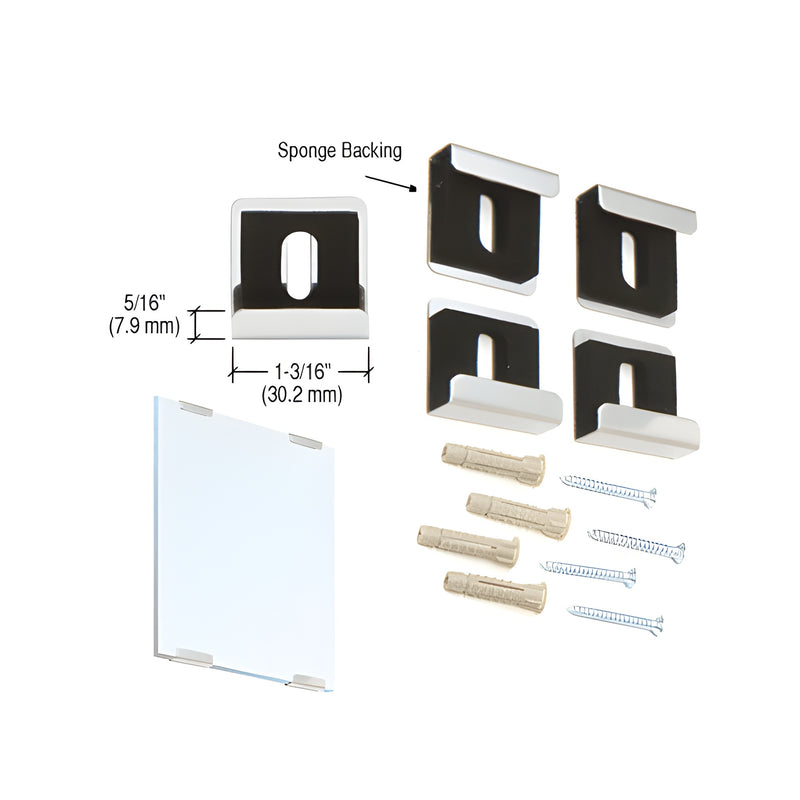 A set of four chrome mirror clips with sponge backing, mounting screws, and wall anchors shown with a diagram of a mirror installation.