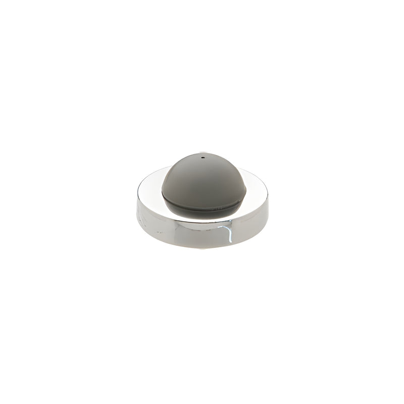 A round brite chrome wall stop featuring a gray rubber bumper center.