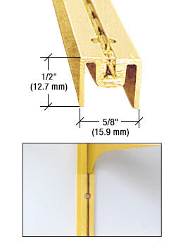 A close-up view of a brite gold anodized aluminum wall standard showing its profile dimensions and a mounted shelf bracket.