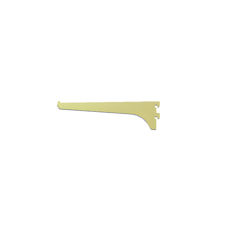 A side profile view of an 8-inch aluminum shelf bracket featuring a brite gold anodized finish.