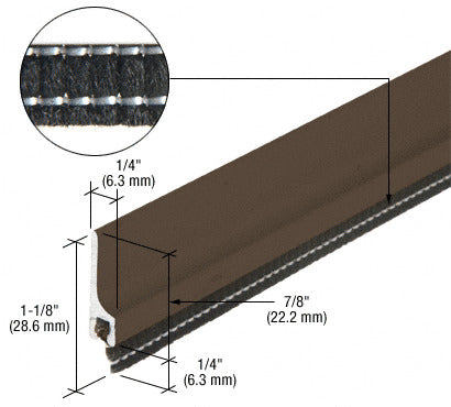 A 36-inch bronze anodized door sweep with a brush seal and detailed dimensional technical specifications.
