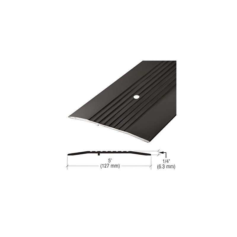 A bronze commercial saddle threshold with a ribbed surface and a 5-inch width shown with a technical profile diagram.