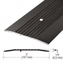 A bronze commercial saddle threshold with a ribbed surface and a pre-drilled mounting hole, shown with a profile diagram indicating 5-inch width and 1/4-inch height.