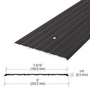 A bronze commercial saddle threshold with a ribbed surface and a pre-drilled screw hole, shown with a technical cross-section diagram.