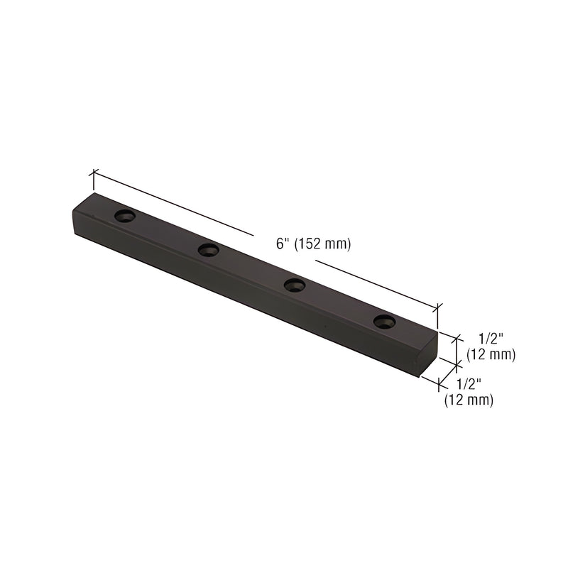A black bronze anodized header mounted double door stop shown with dimension lines indicating a 6-inch length and 1/2-inch width and height.