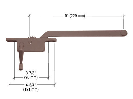 A bronze left-hand casement window operator with a 9-inch arm and square back design shown with dimension labels.