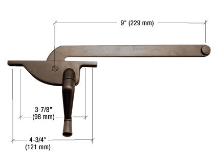 A bronze left-hand teardrop casement window operator with a 9-inch arm and labeled mounting hole dimensions.