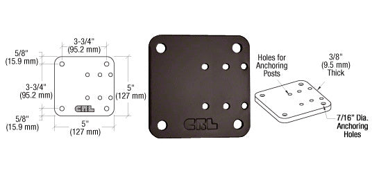 A technical diagram and product view of a 5-inch by 5-inch matte bronze aluminum offset base plate with anchoring hole dimensions.