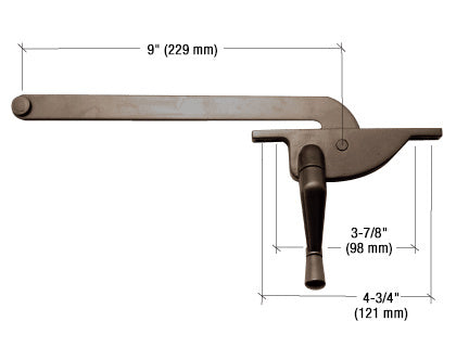 A bronze right-hand teardrop casement window operator with a 9-inch arm and labeled mounting hole dimensions.