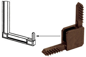 A bronze square storm window corner piece with locking fins shown next to a technical diagram of a window frame assembly.