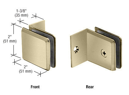 A front and rear view of a brushed bronze beveled glass clamp with a small leg, showing dimensions of 2 inches by 2 inches.
