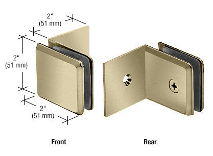 Front and rear views of a brushed bronze beveled glass clamp with a large leg and 2-inch dimensions.