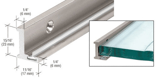 A brushed nickel aluminum jamb featuring a clear vinyl wipe and detailed dimensional measurements for glass installation.