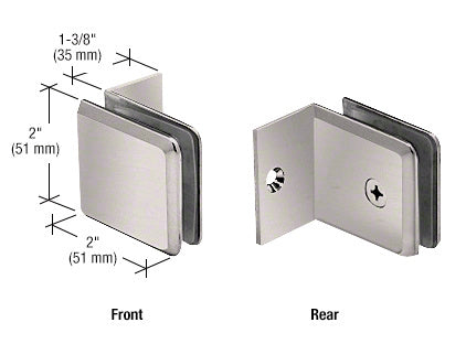 Front and rear views of a brushed nickel beveled glass clamp with a small leg and mounting screw.