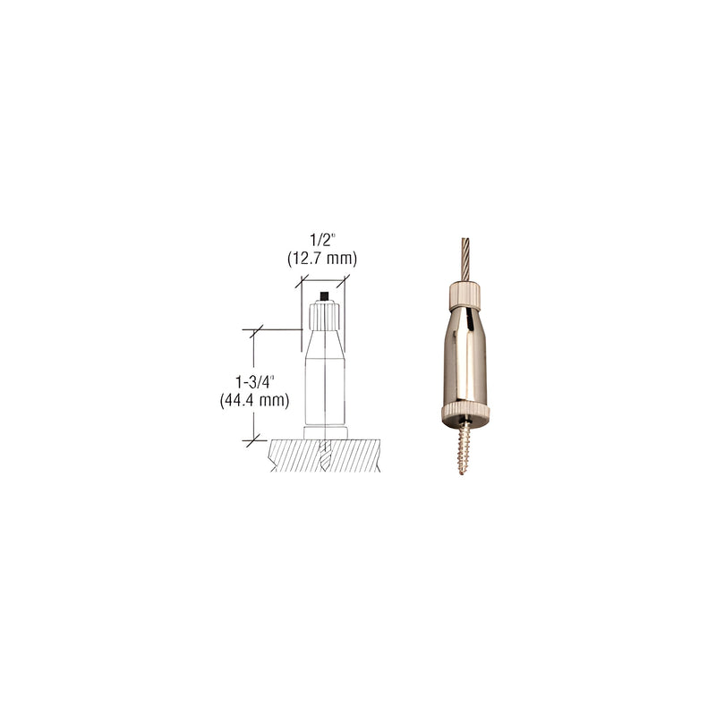 A brushed nickel brass floor base fitting for cable display systems shown with a technical dimension diagram.