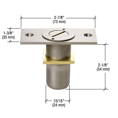 A technical diagram of a brushed nickel dust proof keeper with locking mechanism showing its dimensions.