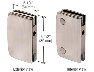 A brushed nickel brass glass swinging door lock receiver shown from both exterior and interior views with dimension labels.