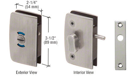 A brushed nickel glass swinging door lock with indicator shown from both interior and exterior views with dimension labels.