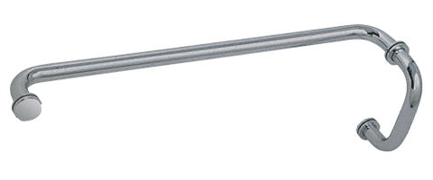 A brushed nickel BM Series combination pull handle and towel bar designed for glass shower door mounting.