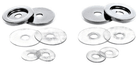 A set of 1-1/4 inch brushed nickel brass washers and clear plastic gaskets for back-to-back pull handles.