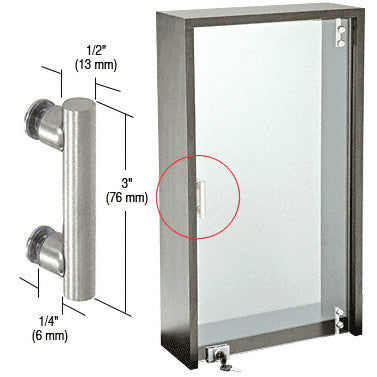 A brushed stainless steel cabinet door pull shown with dimensional specifications and installed on a glass display case.